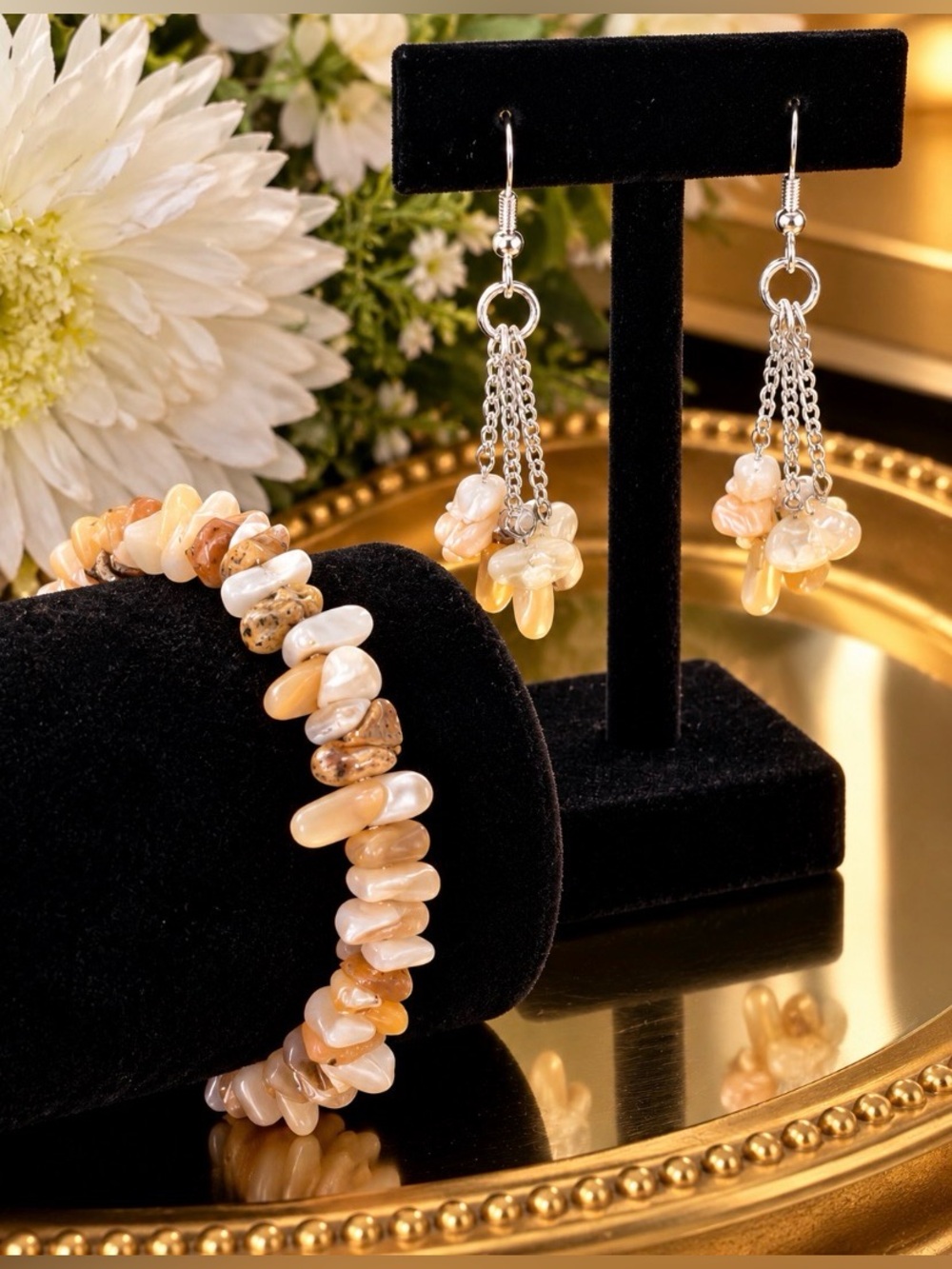 Handcrafted Neutral/Brown Shell Chip Bracelet & Dangle Earrings Set